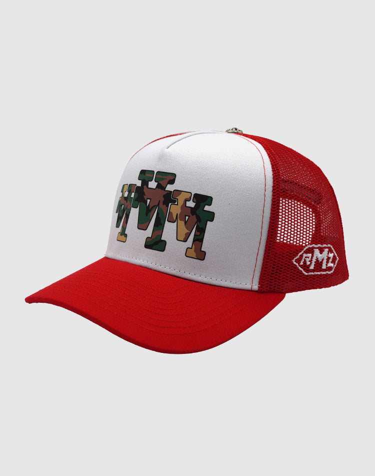 LA TRIPPLE CAMO RED TRUCKER RMZ CAP