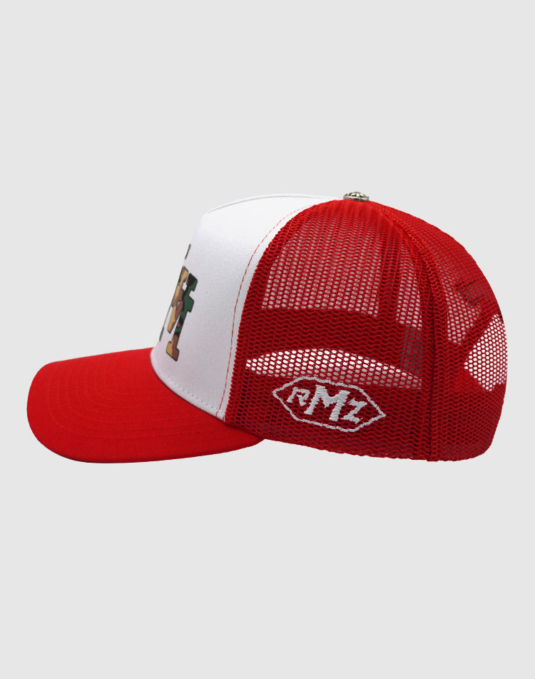 LA TRIPPLE CAMO RED TRUCKER RMZ CAP